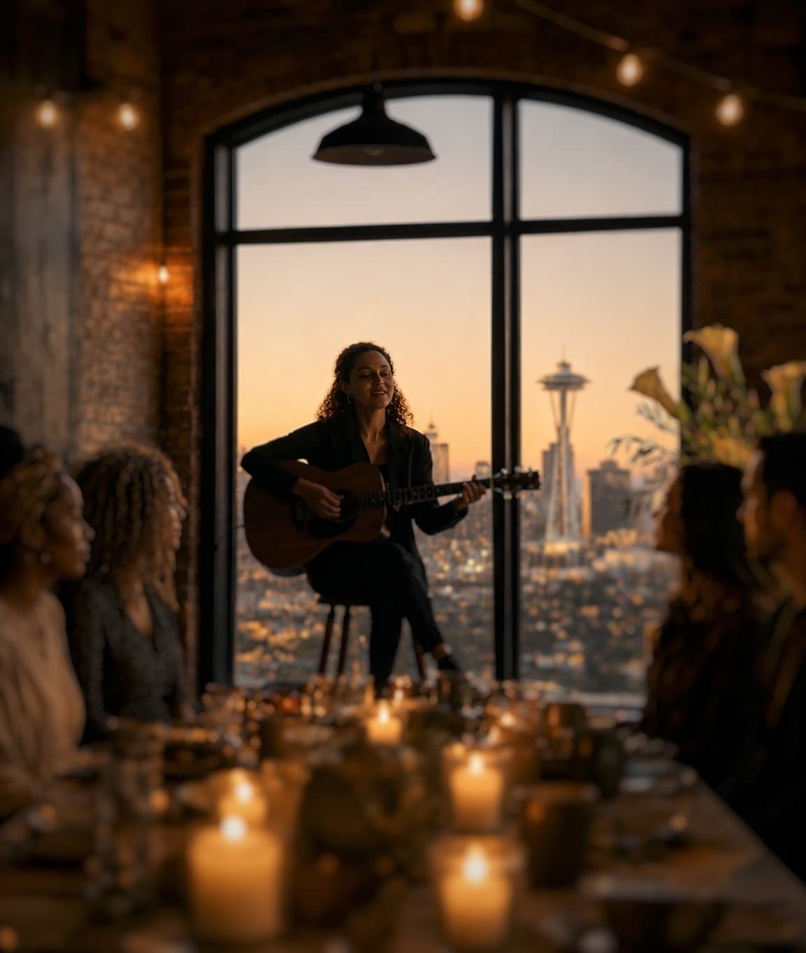 Live acoustic music at Sakhi — a silhouette, candles, guests leaning in